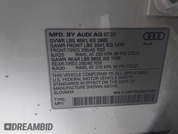 2022 Audi Q7 Premium Plus with VIN WA1LXBF75ND022305, listed as a IAAI auction lot 42169110 with 29,127 mi miles and . Bid and sale history available at DreamBid. Image 9.