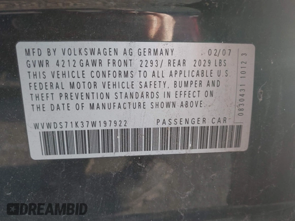 2007 Volkswagen Rabbit with VIN WVWDS71K37W197922, listed as a IAAI auction lot 41831365 with 123,364 mi miles and . Bid and sale history available at DreamBid. Image 9.