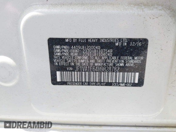 2017 Subaru WRX Premium with VIN JF1VA1E64H9828782, listed as a IAAI auction lot 40722034 with 86,554 mi miles and . Bid and sale history available at DreamBid. Image 9.