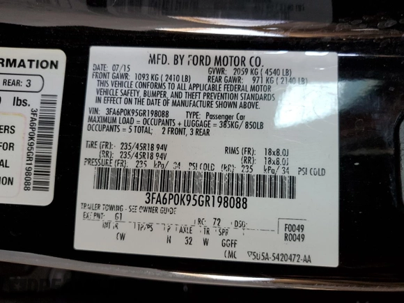 2016 Ford Fusion Titanium with VIN 3FA6P0K95GR198088, listed as a Copart auction lot 62034325 with 110,491 mi miles and Clean title. Bid and sale history available at DreamBid. Image 12.