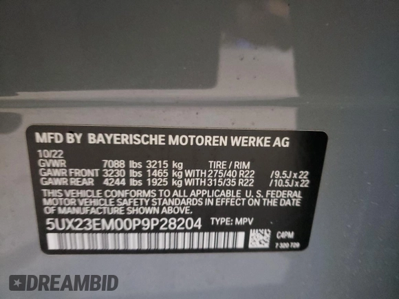 2023 BMW X7 xDrive40i z VIN 5UX23EM00P9P28204, wystawiony jako Copart lot #50878745 z przebiegiem 25 142 mil mil oraz Szkoda całkowita • Salvage title. Historia ofert i sprzedaży dostępna na DreamBid. Obrazek 14.