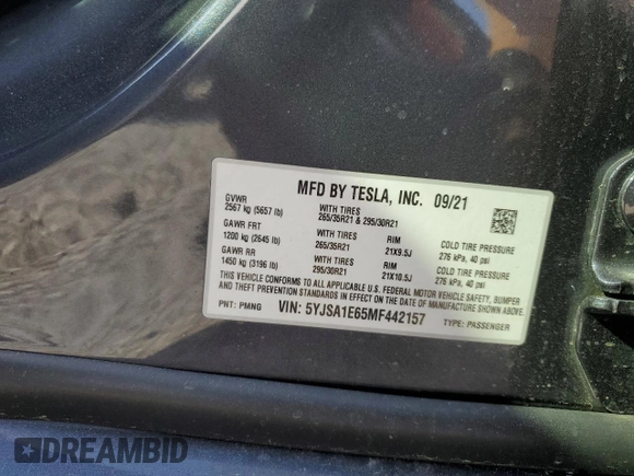 2021 Tesla Model S Plaid with VIN 5YJSA1E65MF442157, listed as a Copart auction lot 51364575 with Not provided miles and Salvage title. Bid and sale history available at DreamBid. Image 13.