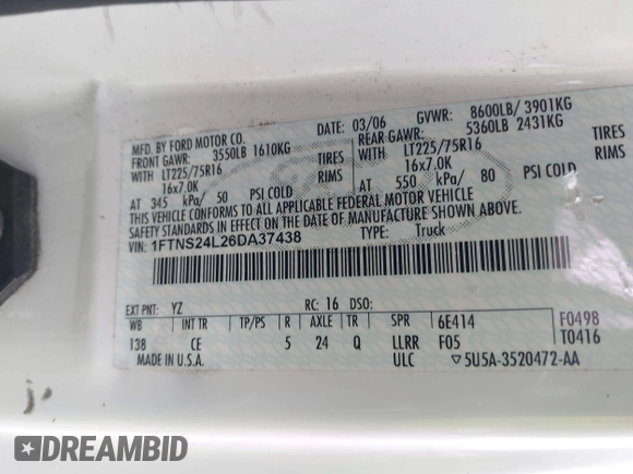 2006 Ford Econoline Cargo with VIN 1FTNS24L26DA37438, listed as a IAAI auction lot 42177090 with 181,459 mi miles and . Bid and sale history available at DreamBid. Image 9.