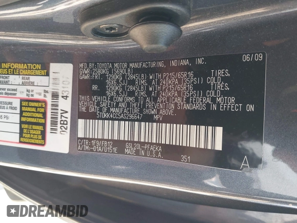 2010 Toyota Sienna CE with VIN 5TDKK4CC5AS296647, listed as a IAAI auction lot 42108661 with 204,048 mi miles and . Bid and sale history available at DreamBid. Image 9.