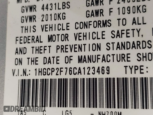 2012 Honda Accord EX with VIN 1HGCP2F76CA123469, listed as a IAAI auction lot 42552502 with 171,364 mi miles and . Bid and sale history available at DreamBid. Image 9.