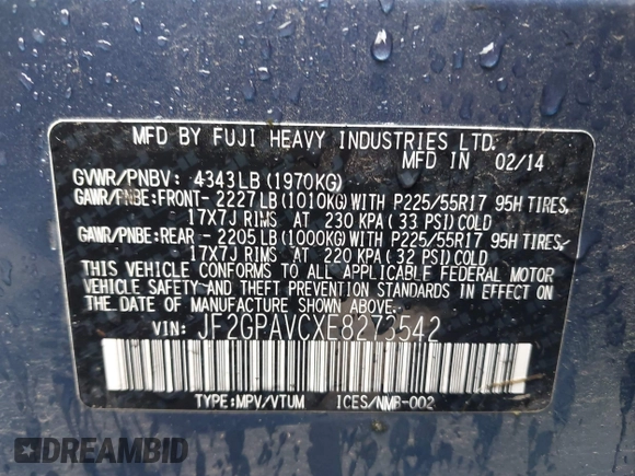 2014 Subaru Crosstrek Premium с VIN JF2GPAVCXE8273542, выставлен на аукционе IAAI как лот 41993417 с пробегом 107 767 миль миль и . История ставок и продаж доступна на DreamBid. Изображение 9.