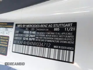 2022 Mercedes-Benz C 300 with VIN W1KAF4HB4NR034712, listed as a IAAI auction lot 41321117 with 115,848 mi miles and . Bid and sale history available at DreamBid. Image 9.