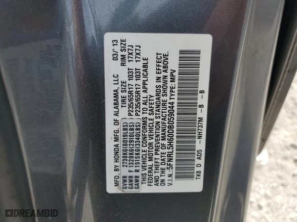 2013 Honda Odyssey EX-L with VIN 5FNRL5H60DB059044, listed as a Copart auction lot 50498315 with 142,799 mi miles and Salvage Title. Bid and sale history available at carsss.com. Image 13.