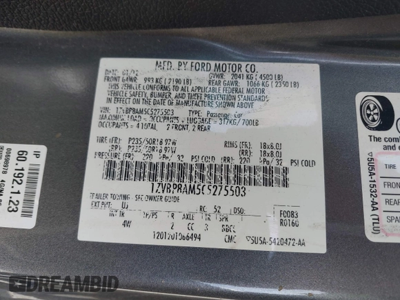 2012 Ford Mustang Premium with VIN 1ZVBP8AM5C5275503, listed as a IAAI auction lot 41732075 with 176,990 mi miles and . Bid and sale history available at DreamBid. Image 9.