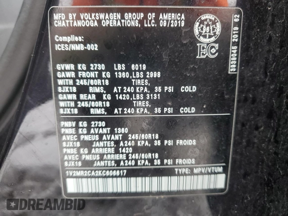 2019 Volkswagen Atlas SEL with VIN 1V2MR2CA2KC606617, listed as a Copart auction lot 47283925 with 128,710 mi miles and Salvage title. Bid and sale history available at DreamBid. Image 12.