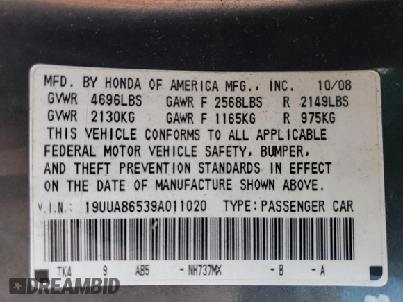 2009 Acura TL Technology z VIN 19UUA86539A011020, wystawiony jako Copart lot #53353855 z przebiegiem 150 627 mil mil oraz Szkoda całkowita • Salvage title. Historia ofert i sprzedaży dostępna na DreamBid. Obrazek 13.