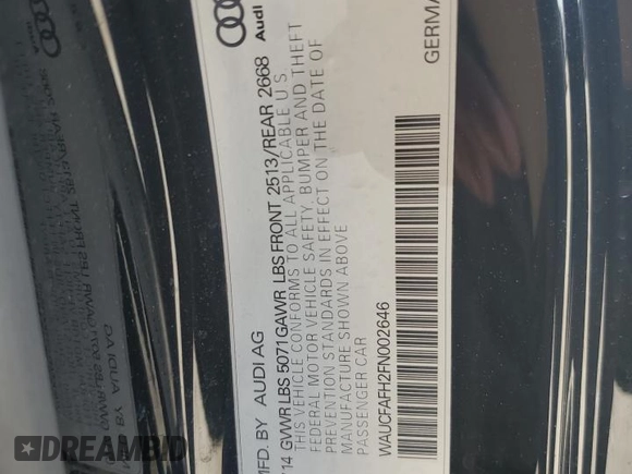 2015 Audi A5 Premium with VIN WAUCFAFH2FN002646, listed as a Copart auction lot 53908965 with 144,929 mi miles and Salvage title. Bid and sale history available at DreamBid. Image 12.
