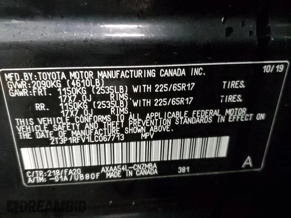 2020 Toyota RAV4 XLE with VIN 2T3P1RFV1LC067713, listed as a Copart auction lot 88258735 with Not Provided miles and Salvage Title. Bid and sale history available at DreamBid. Image 14.