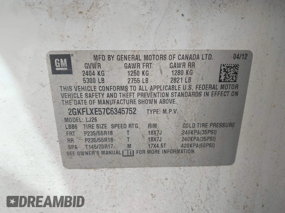 2012 GMC Terrain SLT-2 with VIN 2GKFLXE57C6345752, listed as a IAAI auction lot 41755401 with 240,081 mi miles and . Bid and sale history available at DreamBid. Image 9.