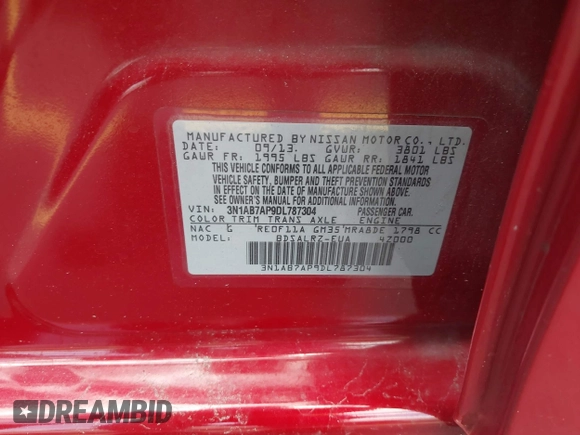 2013 Nissan Sentra SR z VIN 3N1AB7AP9DL787304, wystawiony jako IAAI lot #42190851 z przebiegiem 120 298 mil mil oraz . Historia ofert i sprzedaży dostępna na DreamBid. Obrazek 9.