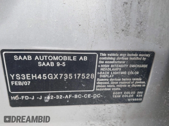 2007 Saab 9-5 Aero with VIN YS3EH45GX73517528, listed as a IAAI auction lot 41581993 with 167,774 mi miles. Bid and sale history available at carsss.com. Image 9.