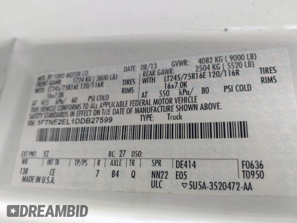 2013 Ford Econoline Cargo Commercial with VIN 1FTNE2EL1DDB27599, listed as a IAAI auction lot 41878865 with 179,802 mi miles and . Bid and sale history available at DreamBid. Image 9.