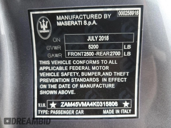2019 Maserati GranTurismo Convertible Sport with VIN ZAM45VMA4K0315806, listed as a Copart auction lot 52621375 with 12,463 mi miles and Salvage Title. Bid and sale history available at carsss.com. Image 13.