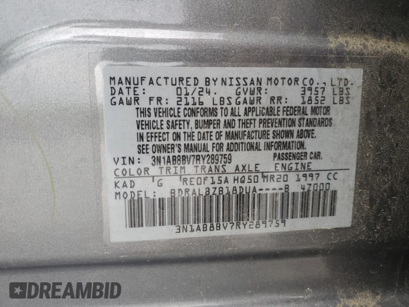 2024 Nissan Sentra S with VIN 3N1AB8BV7RY289759, listed as a Copart auction lot 52865155 with 60,031 mi miles and Salvage title. Bid and sale history available at DreamBid. Image 12.