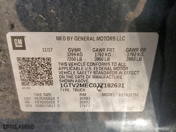 2018 GMC Sierra 1500 SLE with VIN 1GTV2MEC0JZ182631, listed as a Copart auction lot 77459314 with 107,839 mi miles and Clean Title. Bid and sale history available at carsss.com. Image 14.