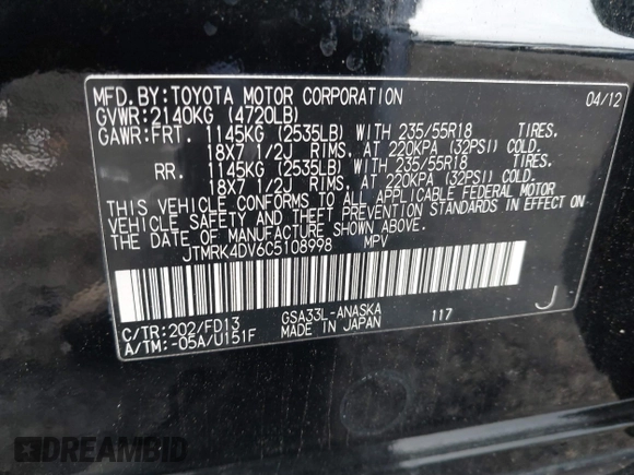 2012 Toyota RAV4 Sport with VIN JTMRK4DV6C5108998, listed as a IAAI auction lot 40942652 with 158,994 mi miles. Bid and sale history available at carsss.com. Image 9.