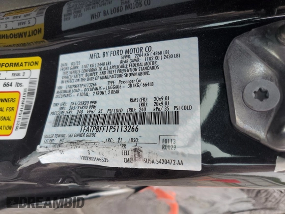 2023 Ford Mustang GT Premium with VIN 1FATP8FF1P5113266, listed as a Copart auction lot 60897915 with 4,272 mi miles and Salvage title. Bid and sale history available at DreamBid. Image 12.