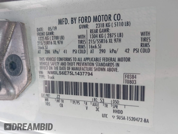 2020 Ford Transit Connect XL with VIN NM0LS6E75L1437794, listed as a IAAI auction lot 40646552 with 74,143 mi miles and . Bid and sale history available at DreamBid. Image 9.
