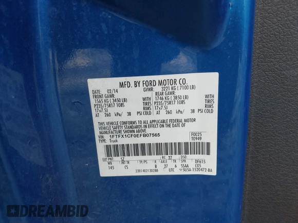 2014 Ford F-150 XL with VIN 1FTFX1CF0EFB07565, listed as a IAAI auction lot 41532136 with 111,482 mi miles and . Bid and sale history available at DreamBid. Image 9.