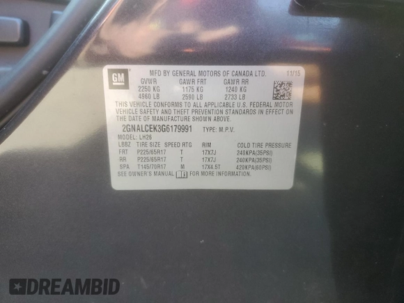 2016 Chevrolet Equinox LT with VIN 2GNALCEK3G6179991, listed as a Copart auction lot 54711145 with 107,372 mi miles and Clean Title. Bid and sale history available at DreamBid. Image 13.