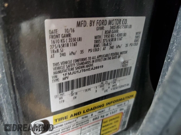 2017 Ford Expedition XLT with VIN 1FMJU1JT6HEA28919, listed as a Copart auction lot 64890035 with 110,615 mi miles and Clean title. Bid and sale history available at DreamBid. Image 13.