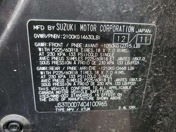 2012 Suzuki Grand Vitara Limited with VIN JS3TD0D74C4100965, listed as a Copart auction lot 52727894 with 150,760 mi miles and Salvage Title. Bid and sale history available at carsss.com. Image 13.