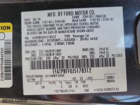 2018 Ford Mustang GT Premium with VIN 1FATP8FF0J5178312, listed as a Copart auction lot 50908785 with 54660 miles and Salvage Title. Bid and sale history available at carsss.com. Image 10.