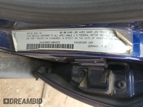 2001 Audi A4 with VIN WAUDC68D51A054972, listed as a Copart auction lot 53693395 with 149,842 mi miles and Clean title. Bid and sale history available at DreamBid. Image 12.