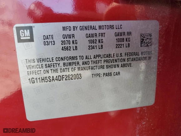 2013 Chevrolet Malibu LTZ with VIN 1G11H5SA4DF262003, listed as a Copart auction lot 45892135 with 131,331 mi miles and Salvage Title. Bid and sale history available at carsss.com. Image 12.