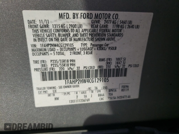 2012 Ford Taurus SEL z VIN 1FAHP2HW4CG129105, wystawiony jako Copart lot #54708445 z przebiegiem 201 450 mil mil oraz Szkoda całkowita • Salvage title. Historia ofert i sprzedaży dostępna na DreamBid. Obrazek 12.