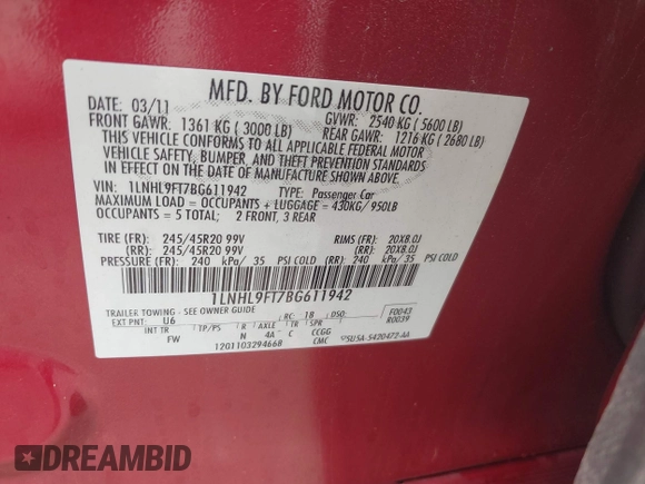 2011 Lincoln MKS EcoBoost with VIN 1LNHL9FT7BG611942, listed as a IAAI auction lot 42515169 with 210,057 mi miles and . Bid and sale history available at DreamBid. Image 9.