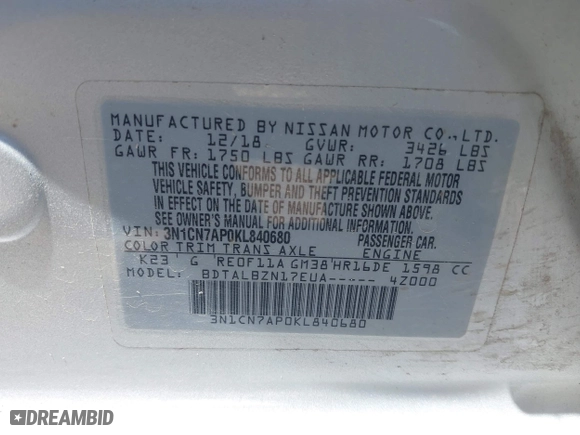 2019 Nissan Versa Sedan SV with VIN 3N1CN7AP0KL840680, listed as a IAAI auction lot 42000821 with 95,875 mi miles. Bid and sale history available at carsss.com. Image 8.