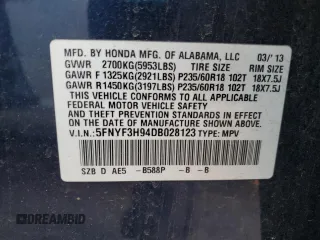 2013 Honda Pilot Touring with VIN 5FNYF3H94DB028123, listed as a Copart auction lot 45670505 with 2,142,143 mi miles and Salvage Title. Bid and sale history available at DreamBid. Image 13.