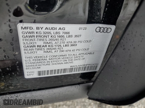 2023 Audi e-tron Premium Plus with VIN WA1LAAGE4PB024702, listed as a Copart auction lot 49175705 with 8,780 mi miles and Salvage title. Bid and sale history available at DreamBid. Image 15.