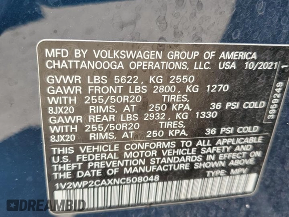 2022 Volkswagen Atlas SE with VIN 1V2WP2CAXNC508048, listed as a Copart auction lot 63107444 with 23,844 mi miles and Salvage title. Bid and sale history available at DreamBid. Image 13.
