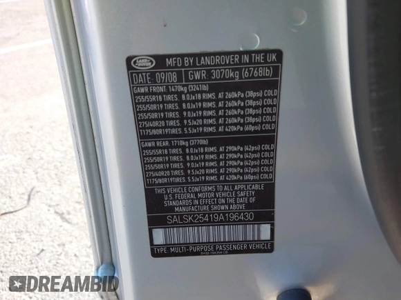 2009 Land Rover Range Rover Sport HSE с VIN SALSK25419A196430, выставлен на аукционе IAAI как лот 41878030 с пробегом 114 175 миль миль и . История ставок и продаж доступна на DreamBid. Изображение 9.