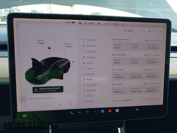 2019 Tesla Model 3 Mid Range with VIN 5YJ3E1EA1KF410297, listed as a IAAI auction lot 41841991 with 176,254 mi miles. Bid and sale history available at carsss.com. Image 7.