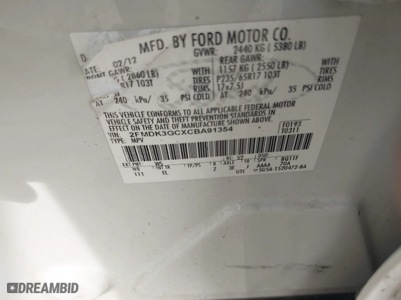 2012 Ford Edge SE with VIN 2FMDK3GCXCBA91354, listed as a IAAI auction lot 41843371 with 164,701 mi miles. Bid and sale history available at carsss.com. Image 9.