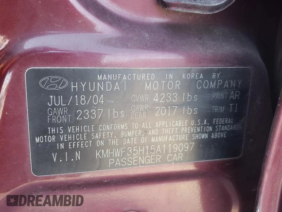 2005 Hyundai Sonata GLS with VIN KMHWF35H15A119097, listed as a Copart auction lot 52552815 with 144,257 mi miles and Salvage Title. Bid and sale history available at carsss.com. Image 13.