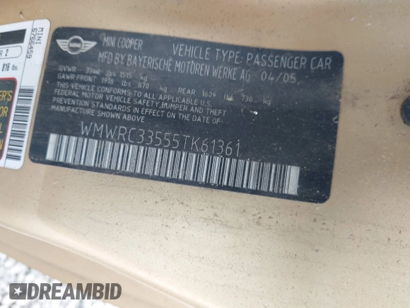 2005 MINI Hardtop with VIN WMWRC33555TK61361, listed as a IAAI auction lot 41940037 with 145,028 mi miles and . Bid and sale history available at DreamBid. Image 9.