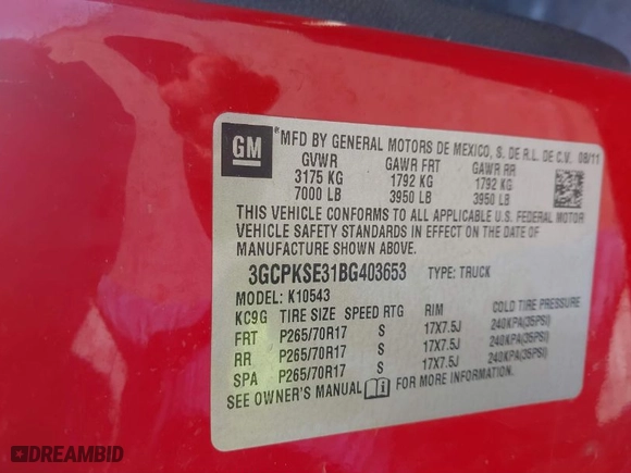 2011 Chevrolet Silverado 1500 LT with VIN 3GCPKSE31BG403653, listed as a IAAI auction lot 41764157 with 207,967 mi miles. Bid and sale history available at carsss.com. Image 9.