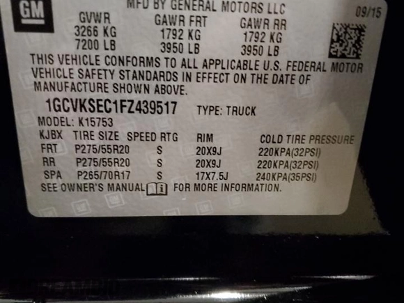 2015 Chevrolet Silverado 1500 LTZ with VIN 1GCVKSEC1FZ439517, listed as a Copart auction lot 86181304 with 70,208 mi miles and Salvage Title. Bid and sale history available at carsss.com. Image 12.