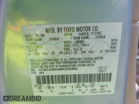 2008 Ford Escape Hybrid with VIN 1FMCU49H48KD05482, listed as a IAAI auction lot 42321230 with 227,071 mi miles and . Bid and sale history available at DreamBid. Image 9.