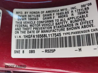 2008 Honda Civic LX with VIN 1HGFA16568L117545, listed as a IAAI auction lot 41698964 with 85,933 mi miles and . Bid and sale history available at DreamBid. Image 9.