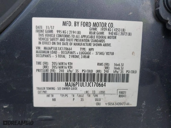 2018 Ford EcoSport SE with VIN MAJ6P1UL1JC170664, listed as a IAAI auction lot 41964638 with 108,519 mi miles. Bid and sale history available at carsss.com. Image 9.